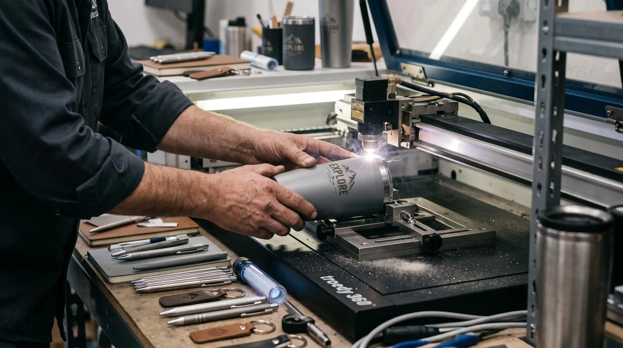 Gros plan sur des mains opérant une machine de gravure laser pour personnaliser une gourde métallique dans un atelier.