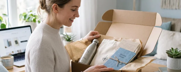 Une cliente ouvre à domicile un colis d'e-commerce contenant des cadeaux promotionnels personnalisés : gourde gravée, tote bag et carnet.