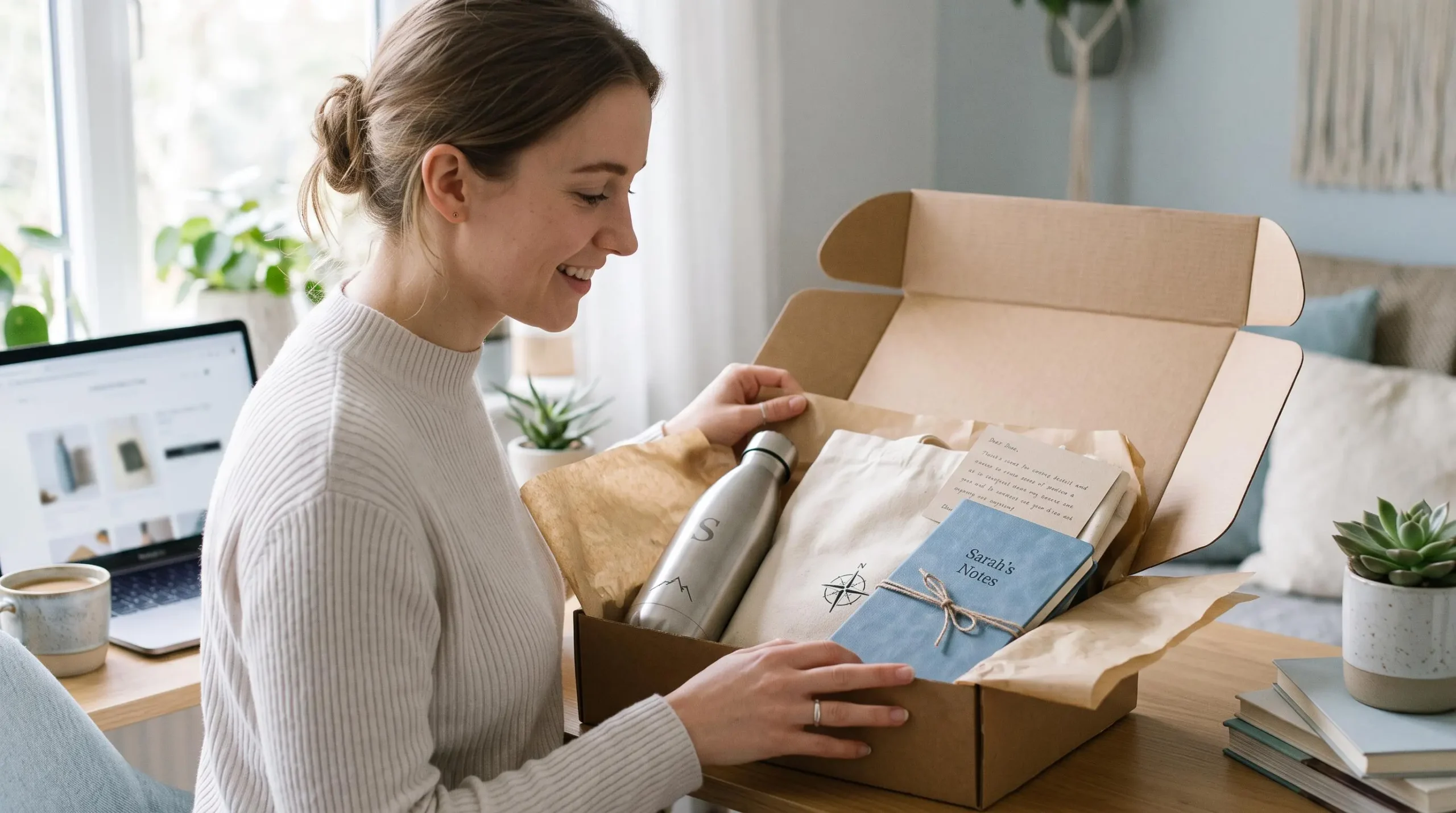 Une cliente ouvre à domicile un colis d'e-commerce contenant des cadeaux promotionnels personnalisés : gourde gravée, tote bag et carnet.