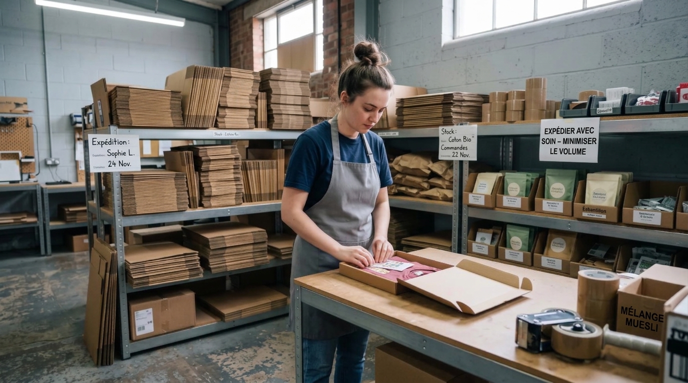 Un préparateur de commande emballe un cadeau promotionnel dans un carton compact au sein d'une zone logistique e-commerce.